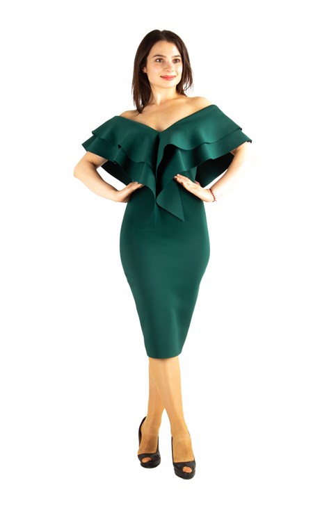 Ruffle V-Neck Sleeveless Mini Scuba Dress - Emerald
