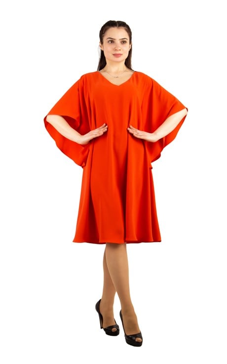 Short Sleeve Batwing V-neck Dress - Orange