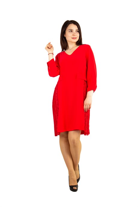 Short Sleeve Big Size Plain Dress With Tulle On The Chest - Red