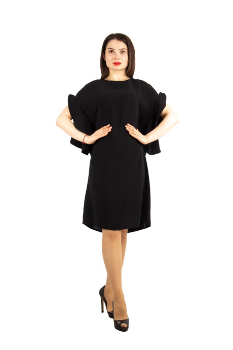 Short Wavy Sleeves Plain Big Size Dress - Black