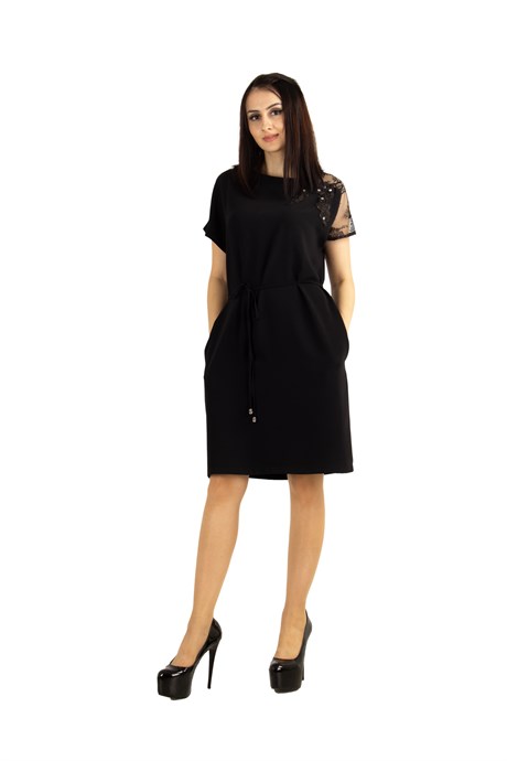 Shoulder Lace Rib Tie Plain Dress - Black