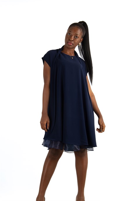 Sleeveless Front Neck Tie Big Size Dress With Tulle Detail - Navy Blue