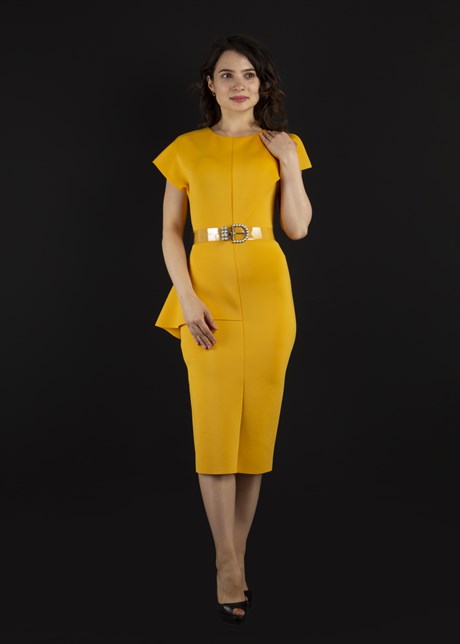 Sleeveless Peplum Scuba Dress With Pearl Belt Detail - Mustard