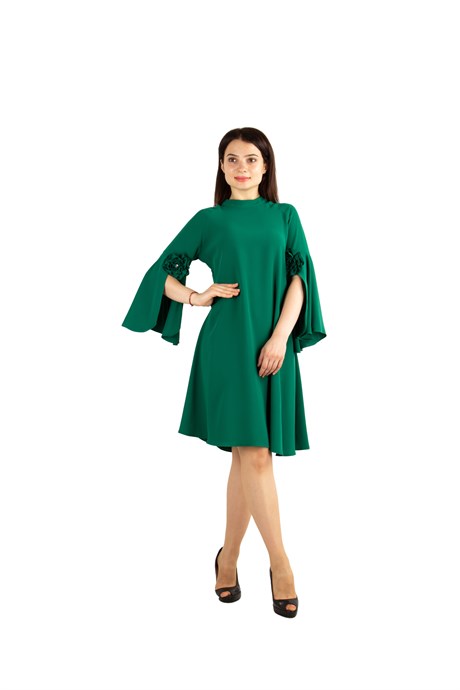 Slit Sleeve Big Size Dress with Rose Detail - Emerald Green