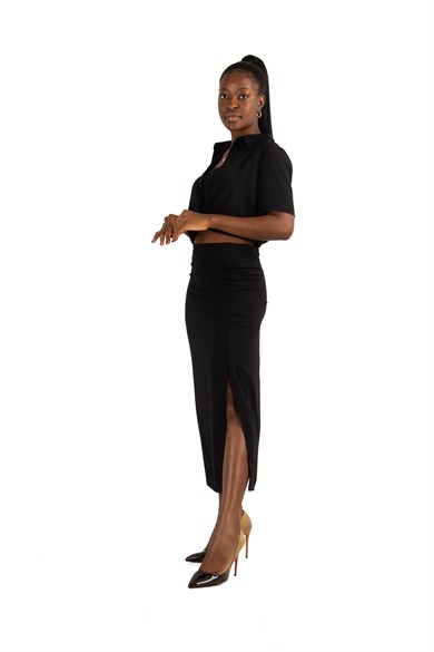 2 Piece Set Women's Crop Top Skirt Side Slit Two Piece Outfit - Black