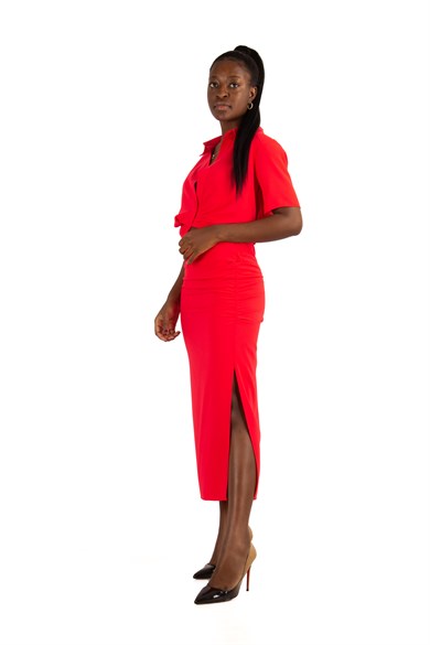 2 Piece Set Women's Crop Top Skirt Side Slit Two Piece Outfit - Red