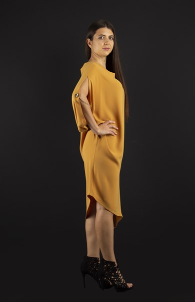 Asymmetric Big Size Dress With Chain Detail on the Sleeve - Mustard