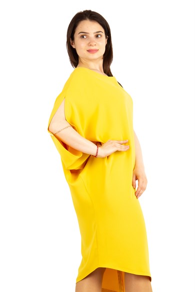 Asymmetric Big Size Dress With Chain Detail on the Sleeve - Yellow