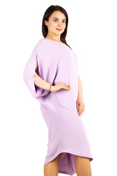Asymmetric Big Size Dress With Chain Detail on the Sleeve - Lilac