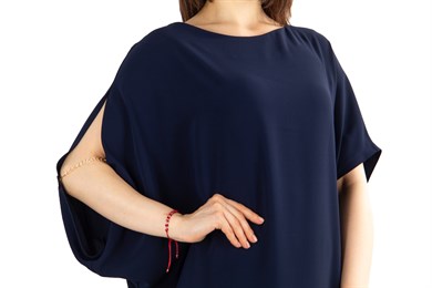 Asymmetric Big Size Dress With Chain Detail on the Sleeve - Navy Blue