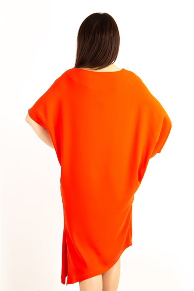 Asymmetric Big Size Dress With Chain Detail on the Sleeve - Orange