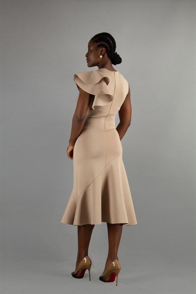 Asymmetric Cut Frill Shoulder Scuba Dress - Beige