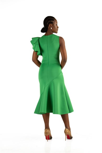 Asymmetric Cut Frill Shoulder Scuba Dress - Grass Green