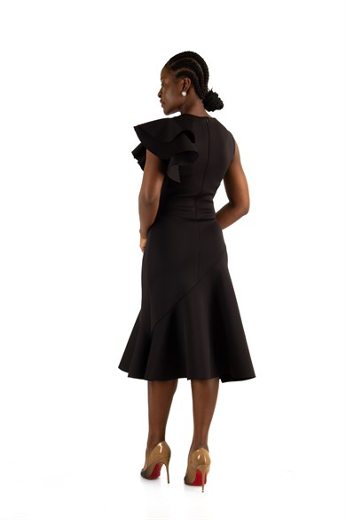 Asymmetric Cut Frill Shoulder Scuba Dress - Black