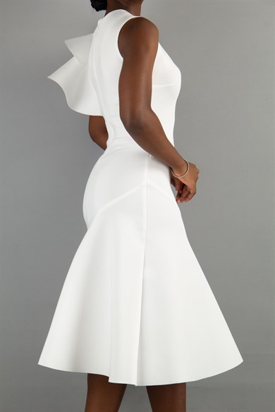 Asymmetric Cut Frill Shoulder Scuba Dress - White