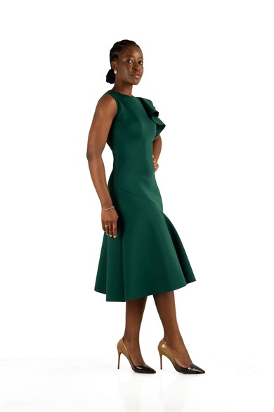 Asymmetric Cut Frill Shoulder Scuba Dress - Emerald Green