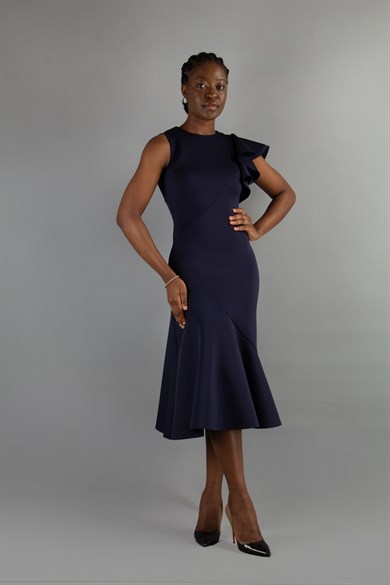 Asymmetric Cut Frill Shoulder Scuba Dress - Navy Blue