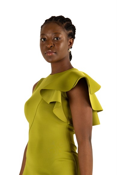 Asymmetric Cut Frill Shoulder Scuba Dress - Khaki