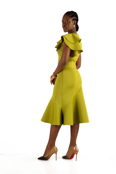 Asymmetric Cut Frill Shoulder Scuba Dress - Khaki