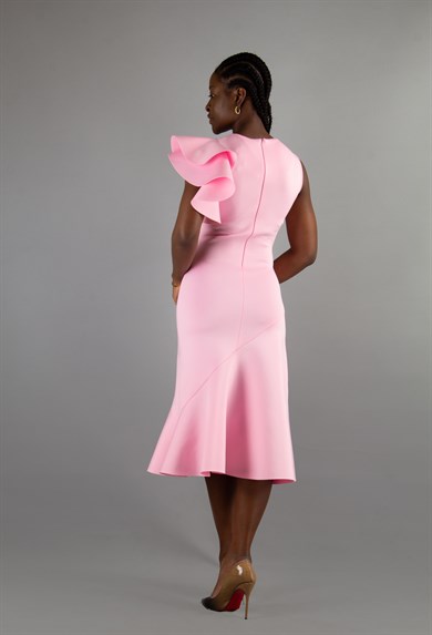 Asymmetric Cut Frill Shoulder Scuba Dress - Pink