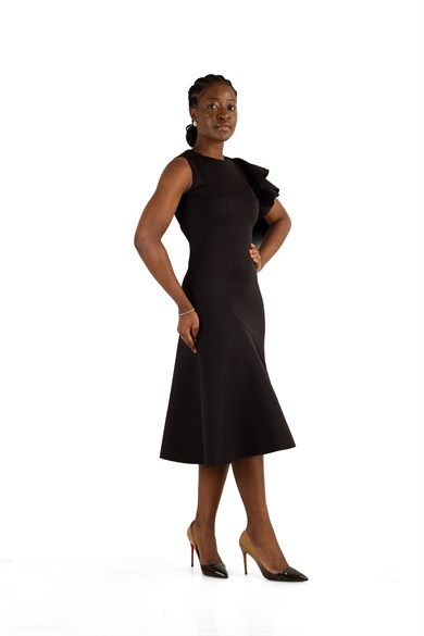 Asymmetric Cut Frill Shoulder Scuba Dress - Black