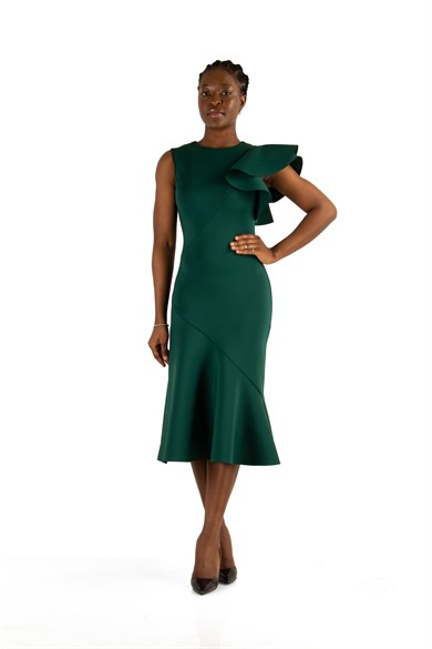 Asymmetric Cut Frill Shoulder Scuba Dress - Emerald Green