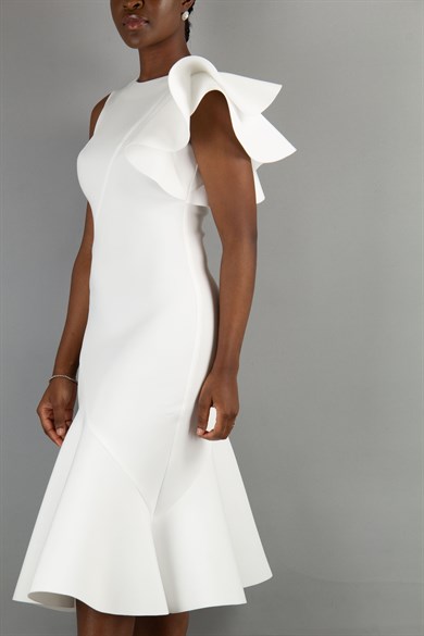 Asymmetric Cut Frill Shoulder Scuba Dress - White