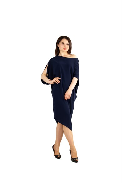 Asymmetric Dress With Chain Detail on the Sleeve - Navy Blue