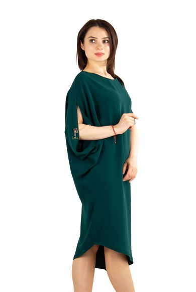 Asymmetric Dress With Chain Detail on the Sleeve - Emerald Green