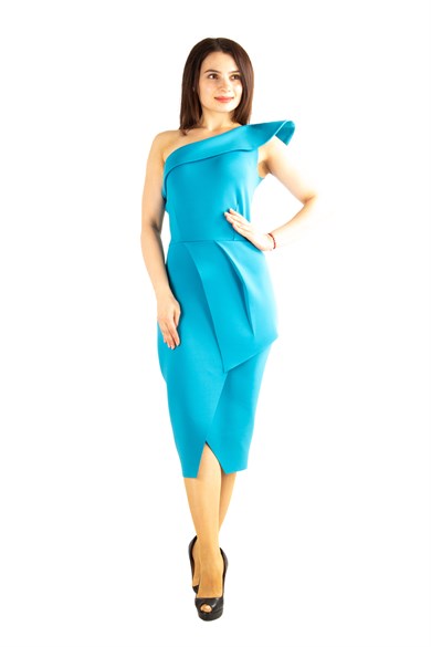 Asymmetric Ruffle Shoulder Scuba Draped Dress - Petrol Blue