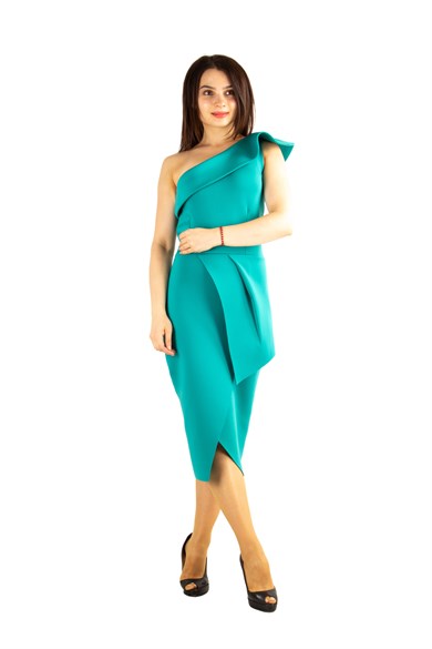 Asymmetric Ruffle Shoulder Scuba Draped Dress - Benetton Green