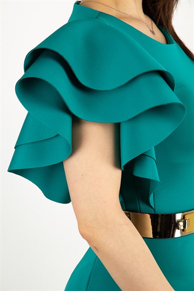 Asymmetric Ruffled One Shoulder Frill Scuba Dress - Benetton Green
