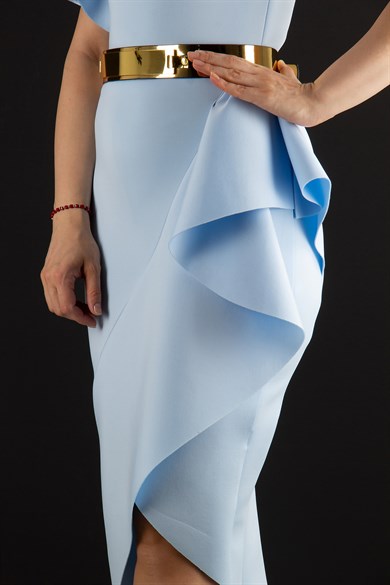 Asymmetric Ruffled One Shoulder Frill Scuba Dress - Baby Blue
