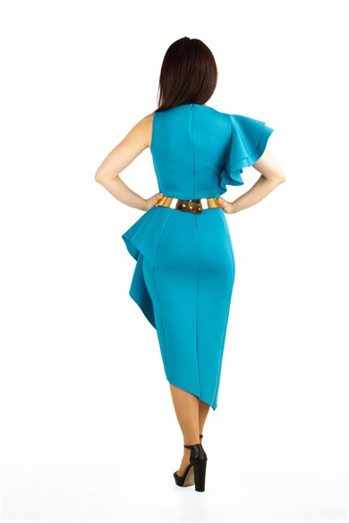 Asymmetric Ruffled One Shoulder Frill Scuba Big Size Dress - Petrol Blue