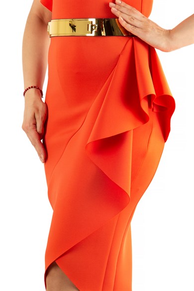 Asymmetric Ruffled One Shoulder Frill Scuba Dress - Orange