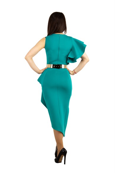 Asymmetric Ruffled One Shoulder Frill Scuba Big Size Dress - Benetton Green