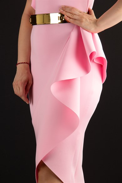 Asymmetric Ruffled One Shoulder Frill Scuba Big Size Dress - Pink
