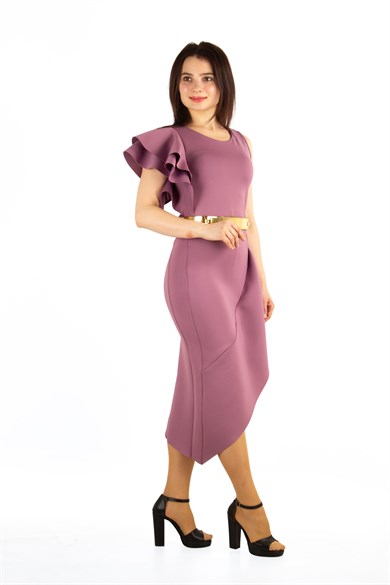 Asymmetric Ruffled One Shoulder Frill Scuba Big Size Dress - Dusty Rose Color