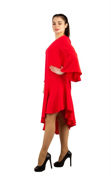 Asymmetrical Dress With Ruffle Hem - Red