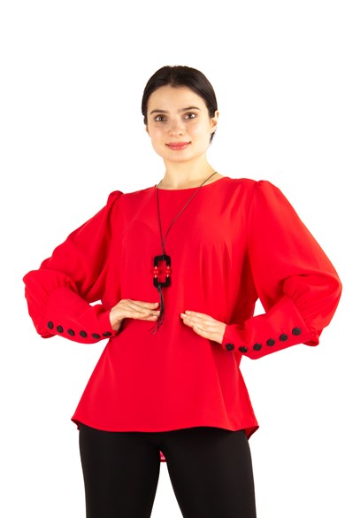 Back and Cuff Button Detailed Big Size Shirt - Red