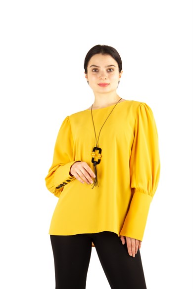 Back and Cuff Button Detailed Big Size Shirt - Mustard