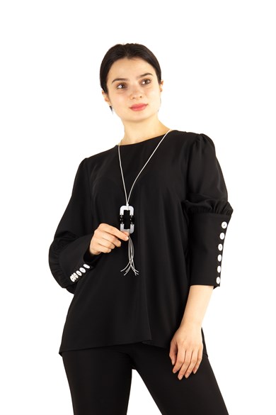 Back and Cuff Button Detailed Big Size Shirt - Black