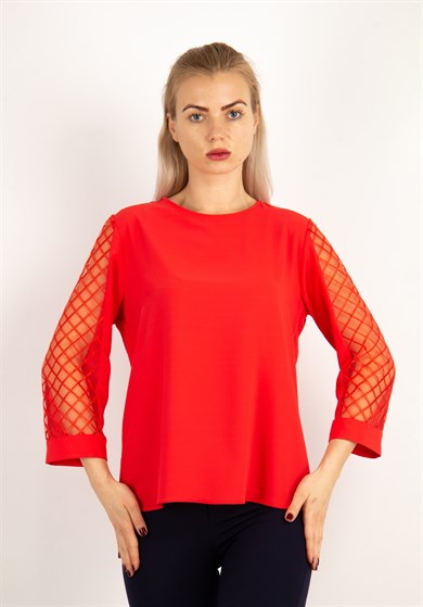 Back and Sleeves Tulle Detail Blouse - Red