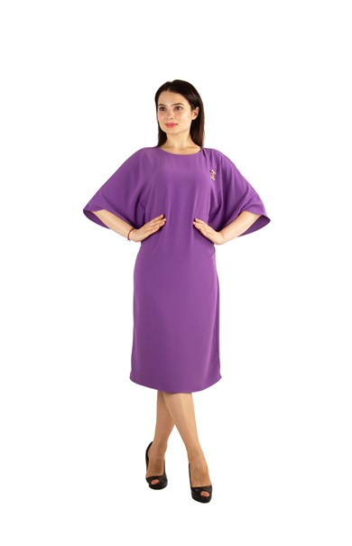 Batwing Plain Big Size Dress With Brooch Detail - Purple