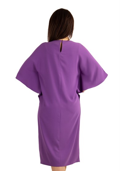 Batwing Plain Big Size Dress With Brooch Detail - Purple