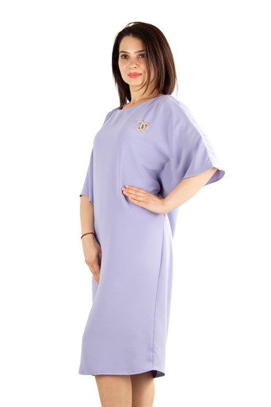 Batwing Plain Big Size Dress With Brooch Detail - Lilac