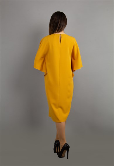 Batwing Plain Big Size Dress With Brooch Detail - Mustard