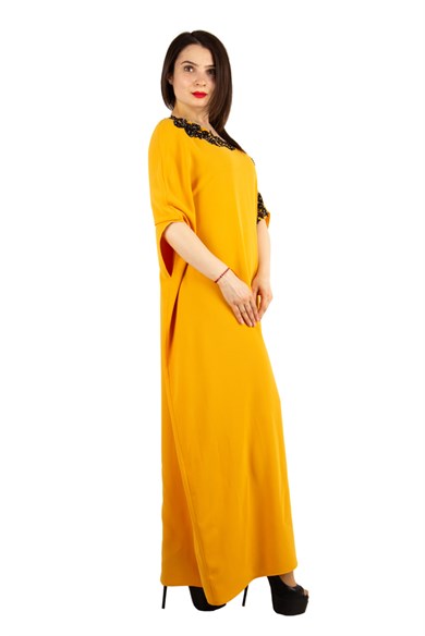 Batwing Sleeve Long Big Size Dress With Lace and Tulle Detail - Mustard
