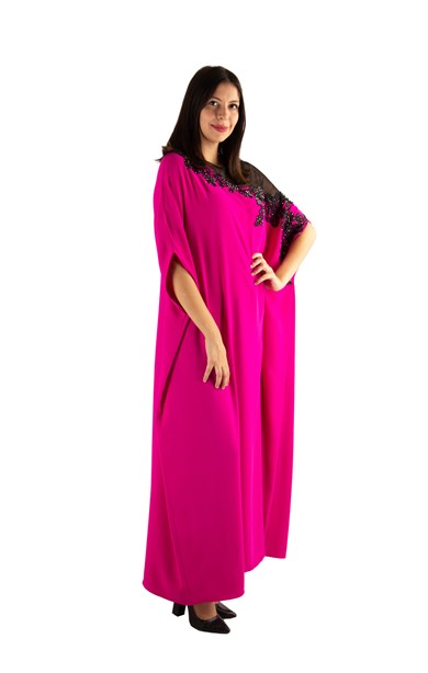 Batwing Sleeve Long Big Size Dress With Lace and Tulle Detail - Fuchsia
