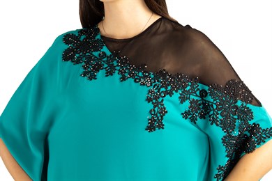 Batwing Sleeve Long Big Size Dress With Lace and Tulle Detail - Benetton Green